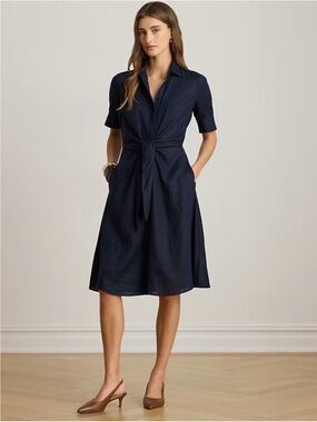 Lauren Ralph Lauren Tie Front Linen Shirtdress Navy Blue Midi Dress  NWT Size 10